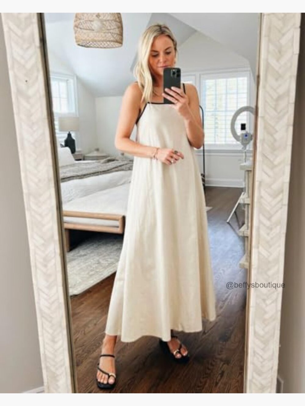 Linen Maxi Dress with Contrast Trim Spaghetti Strap Backless Casual Beach - Picture 3 of 7